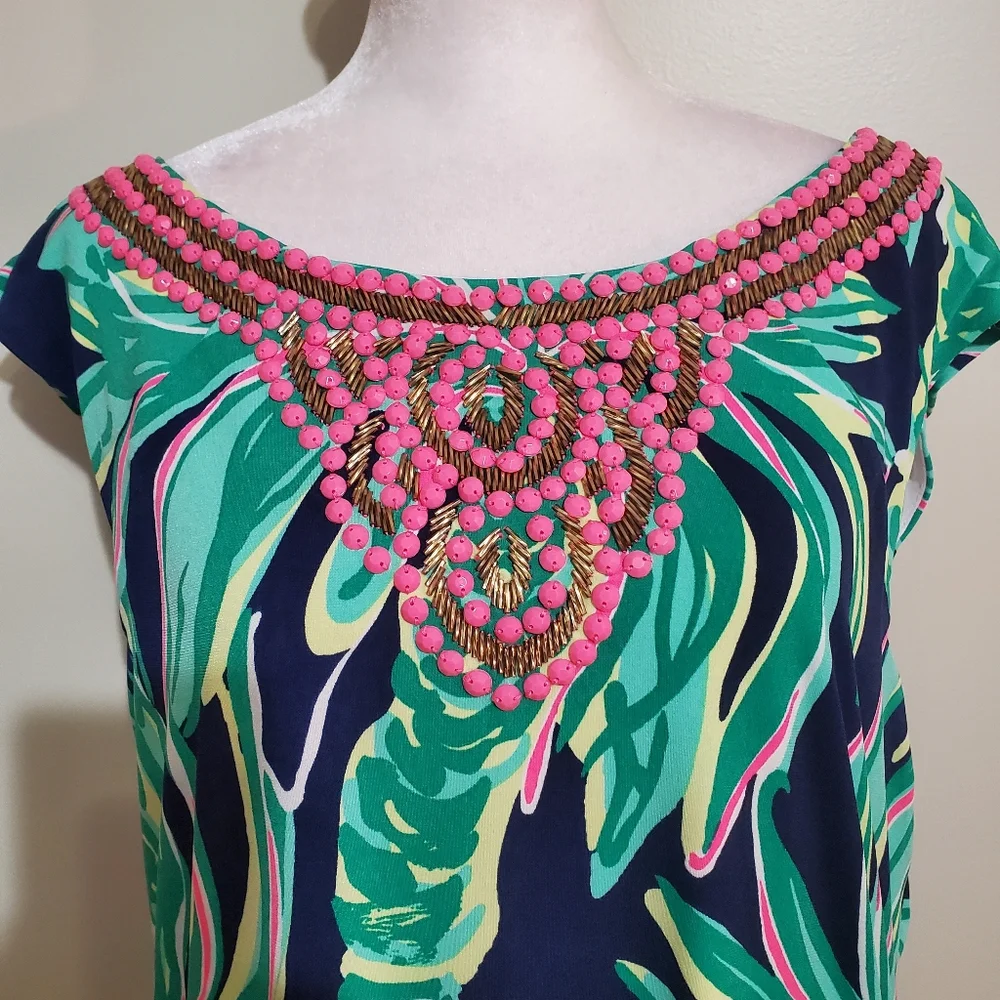 Lilly Pulitzer Bristol navy green Tiger Palm beaded sleeveless sheath dress XL - Picture 6 of 13